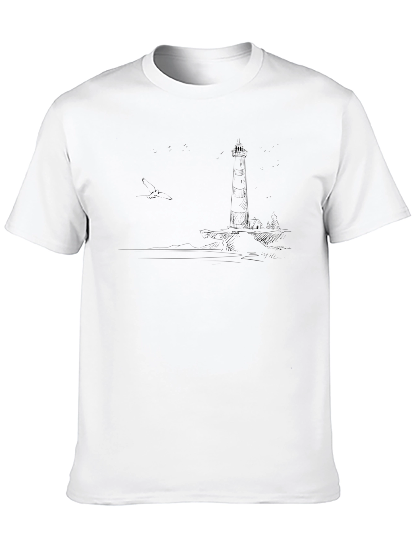 Coastal Lighthouse Graphic Tee - Black Cotton T-Shirt