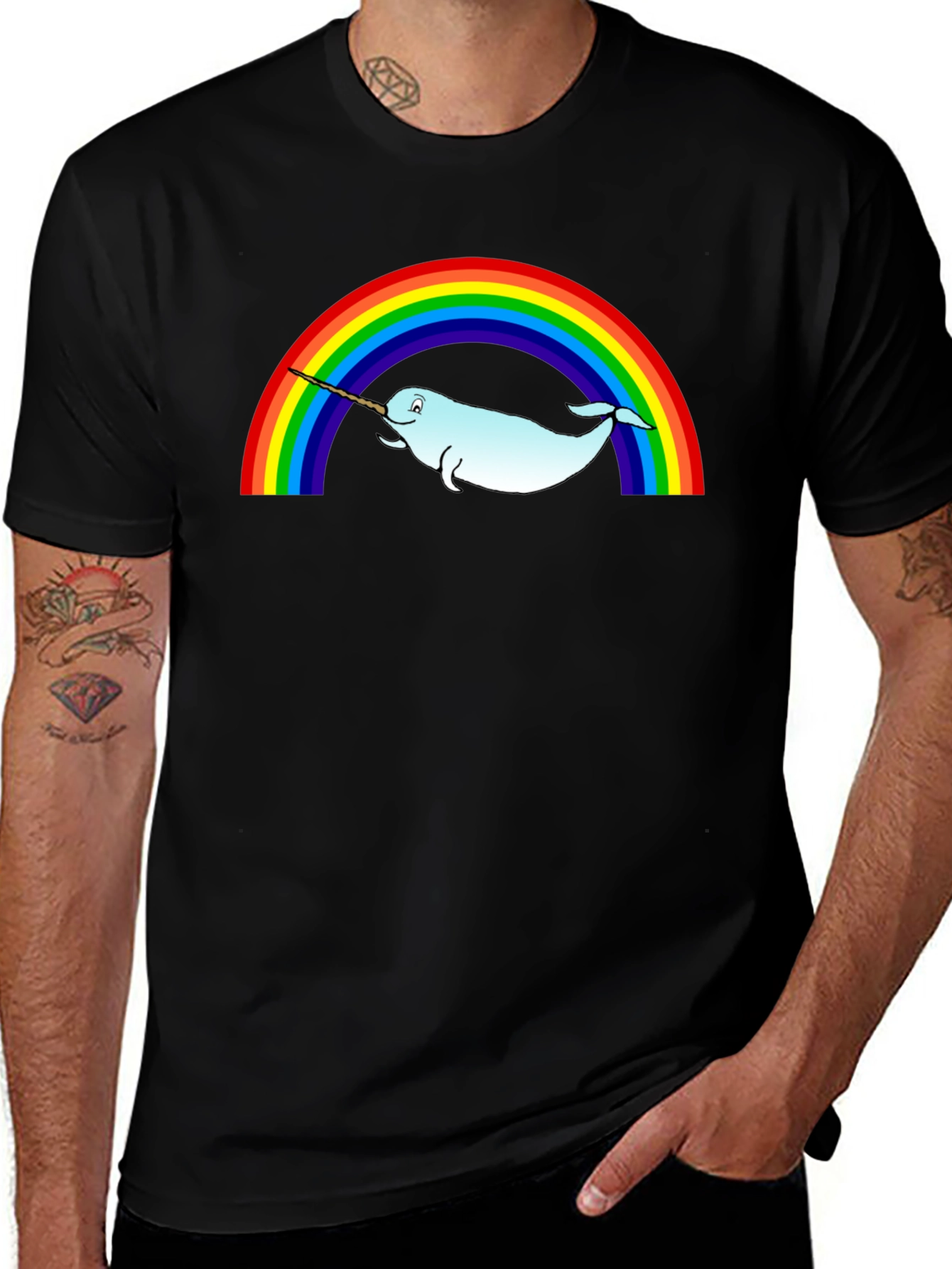 Narwhal Rainbow T-Shirt - Black Cotton Tee