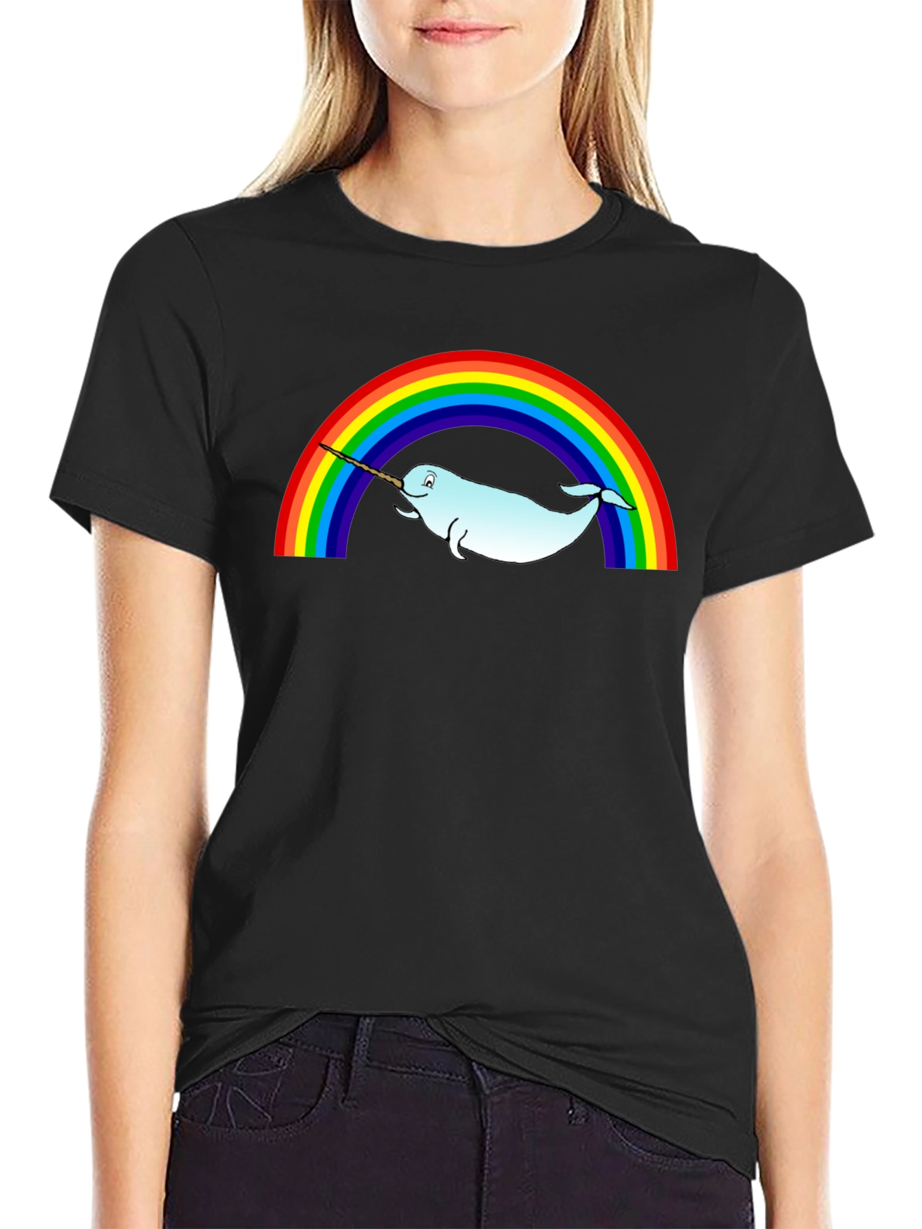 Narwhal Rainbow T-Shirt - Black Cotton Tee