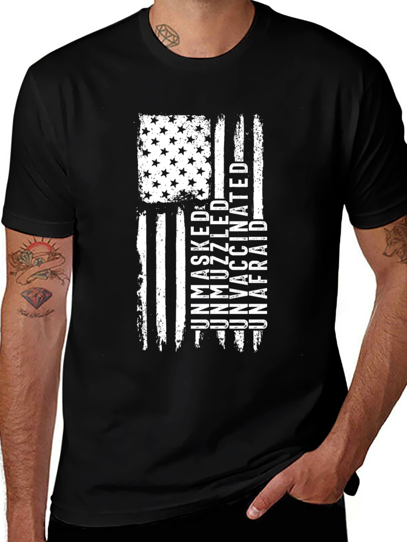 Unmasked Unmuzzled Unvaccinated Unafraid American Flag T-Shirt