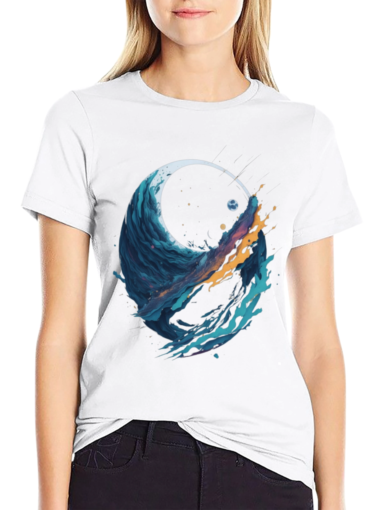 Abstract Wave Graphic Tee - Black Cotton Blend