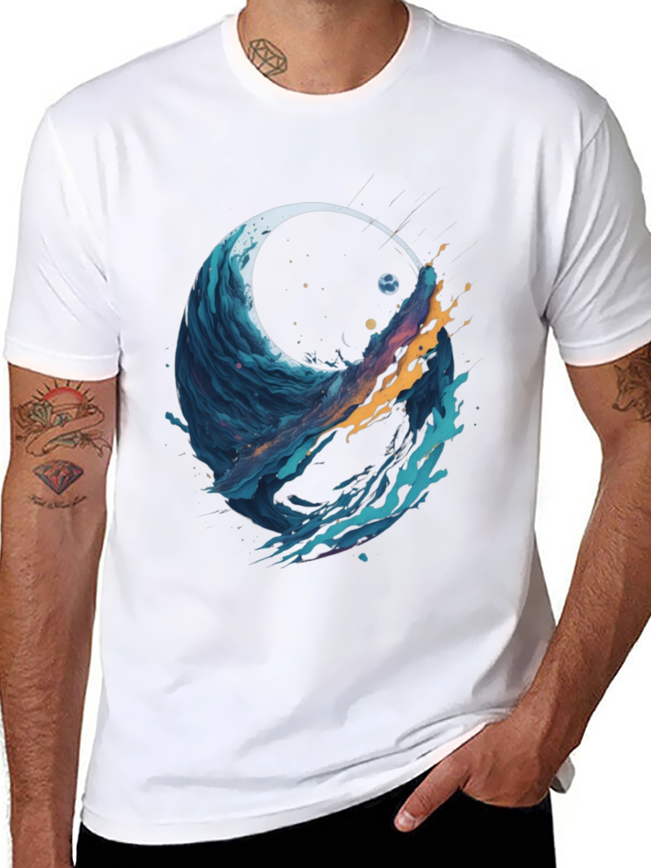 Abstract Wave Graphic Tee - Black Cotton Blend