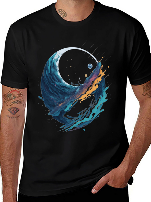 Abstract Wave Graphic Tee - Black Cotton Blend