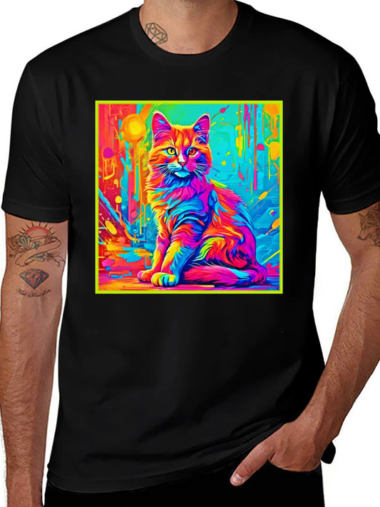 Psychedelic Cat Graphic T-Shirt - Bold Rainbow Colors