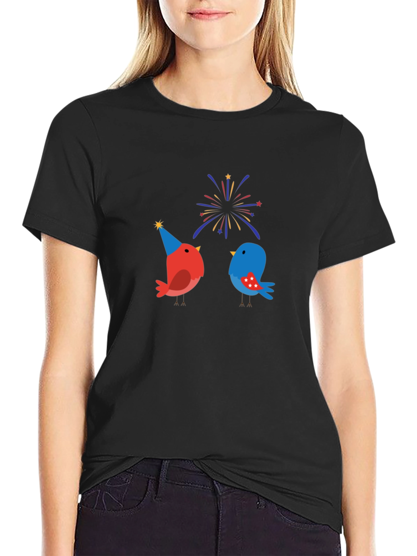 Festive Bird Graphic Black T-Shirt