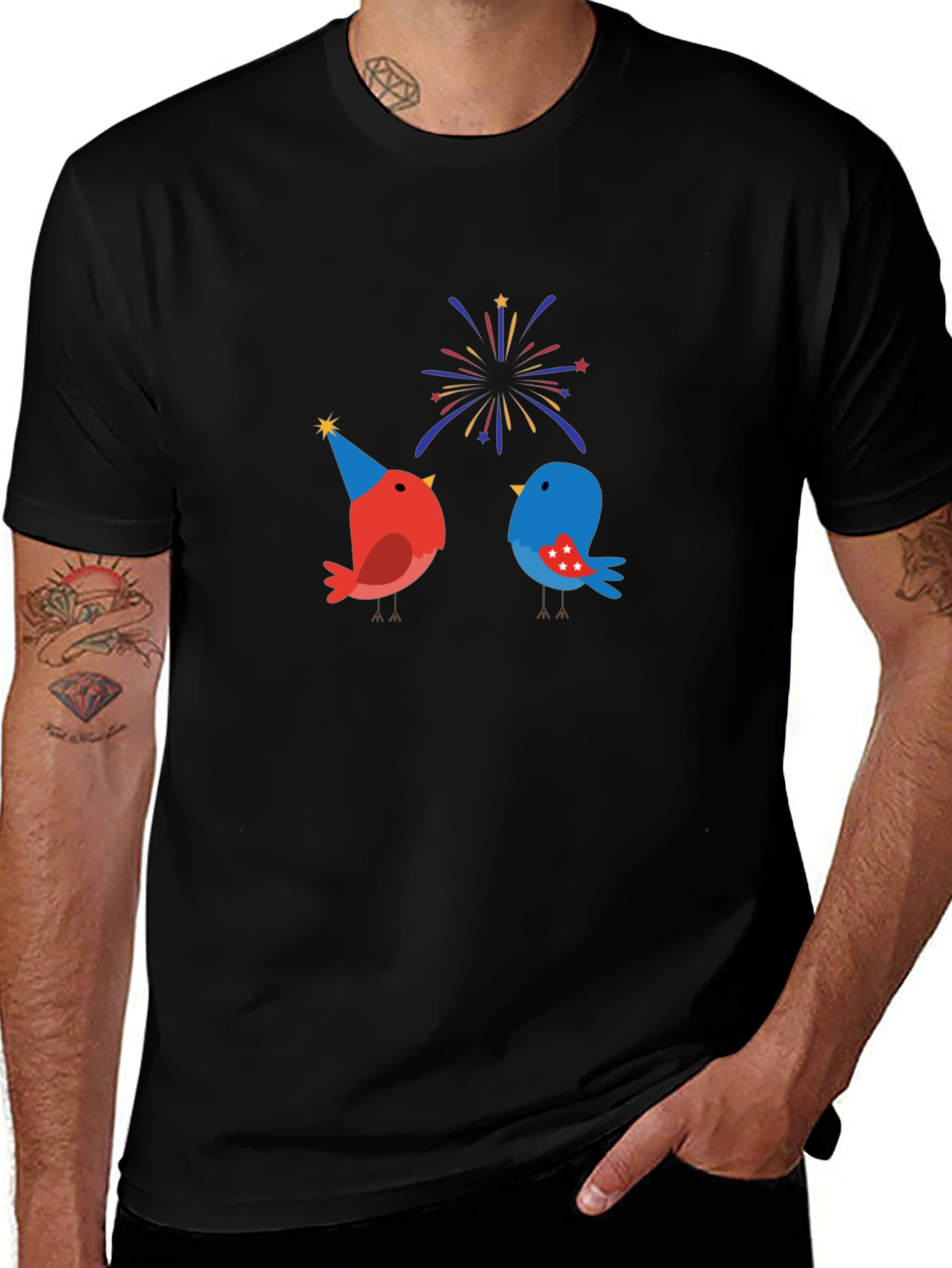 Festive Bird Graphic Black T-Shirt