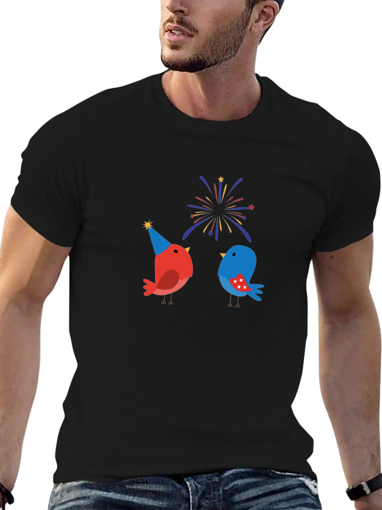 Festive Bird Graphic Black T-Shirt