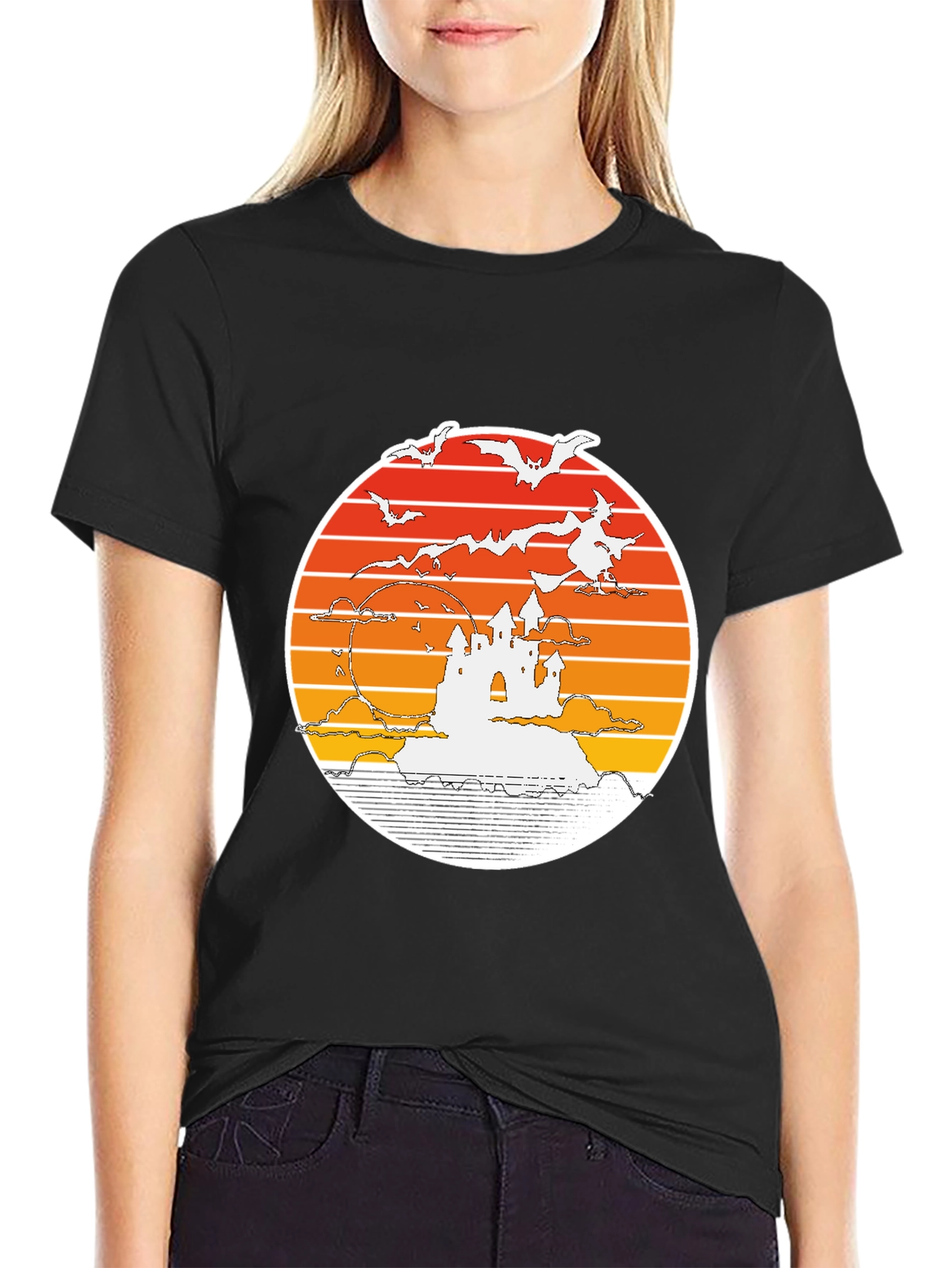 Halloween T-Shirt: Retro Sunset Witch Castle