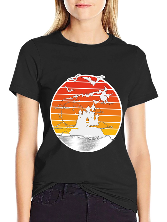 Halloween T-Shirt: Retro Sunset Witch Castle