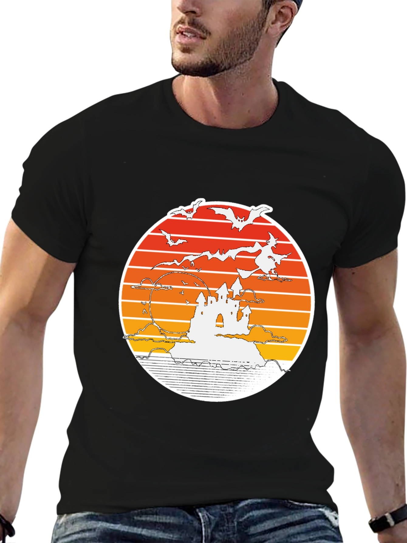 Halloween T-Shirt: Retro Sunset Witch Castle