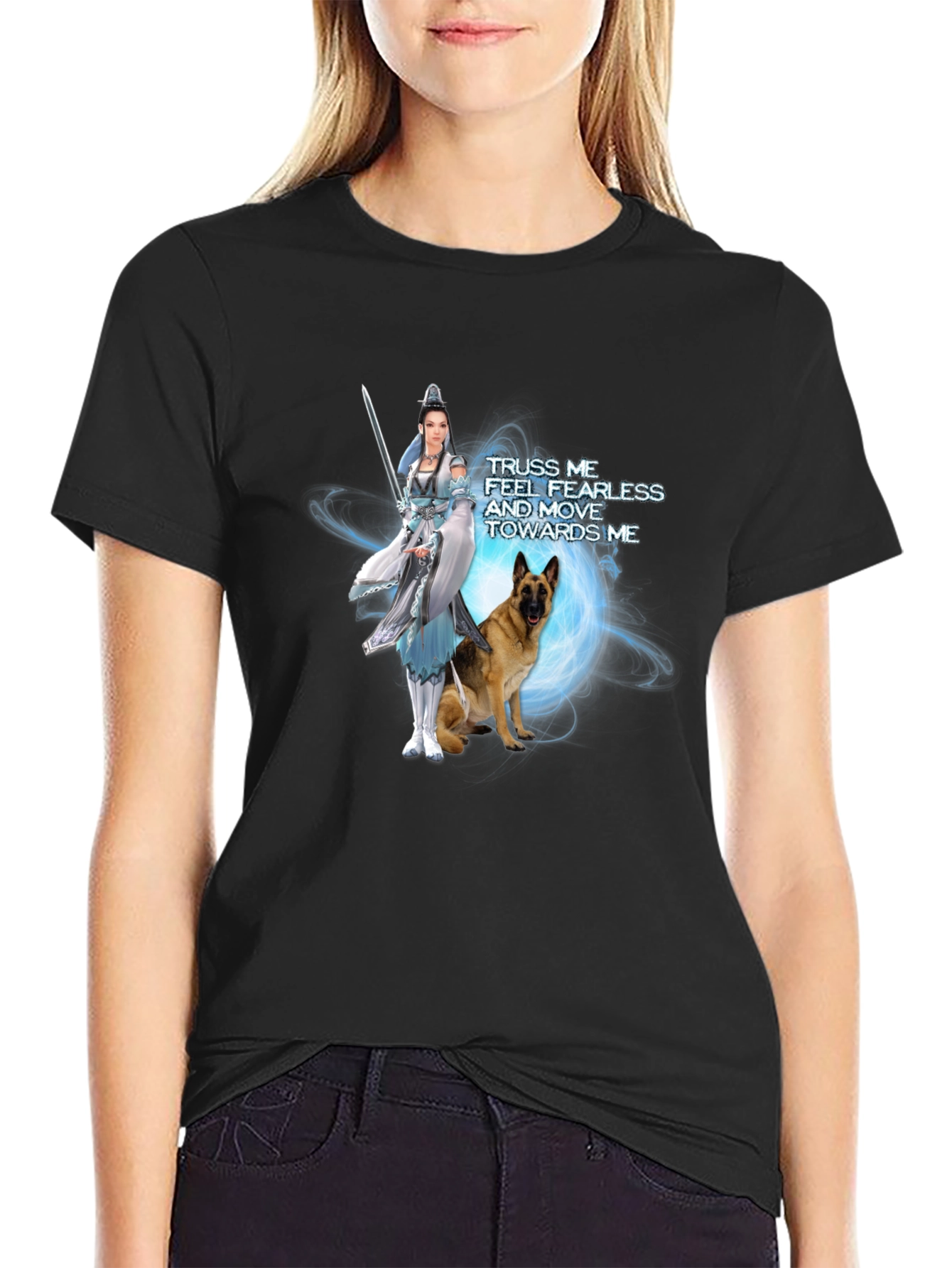 Warrior Woman & Loyal Dog Graphic Black T-Shirt
