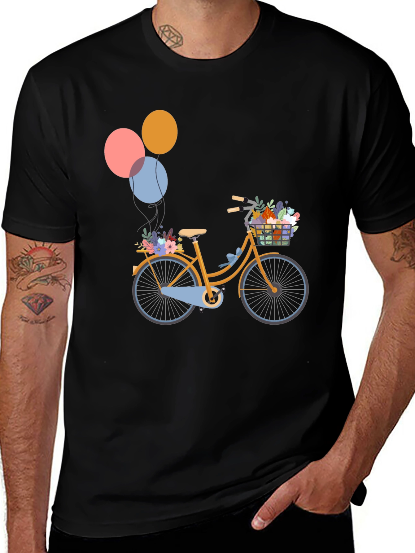 Black T-Shirt with Bicycle & Balloons Graphic