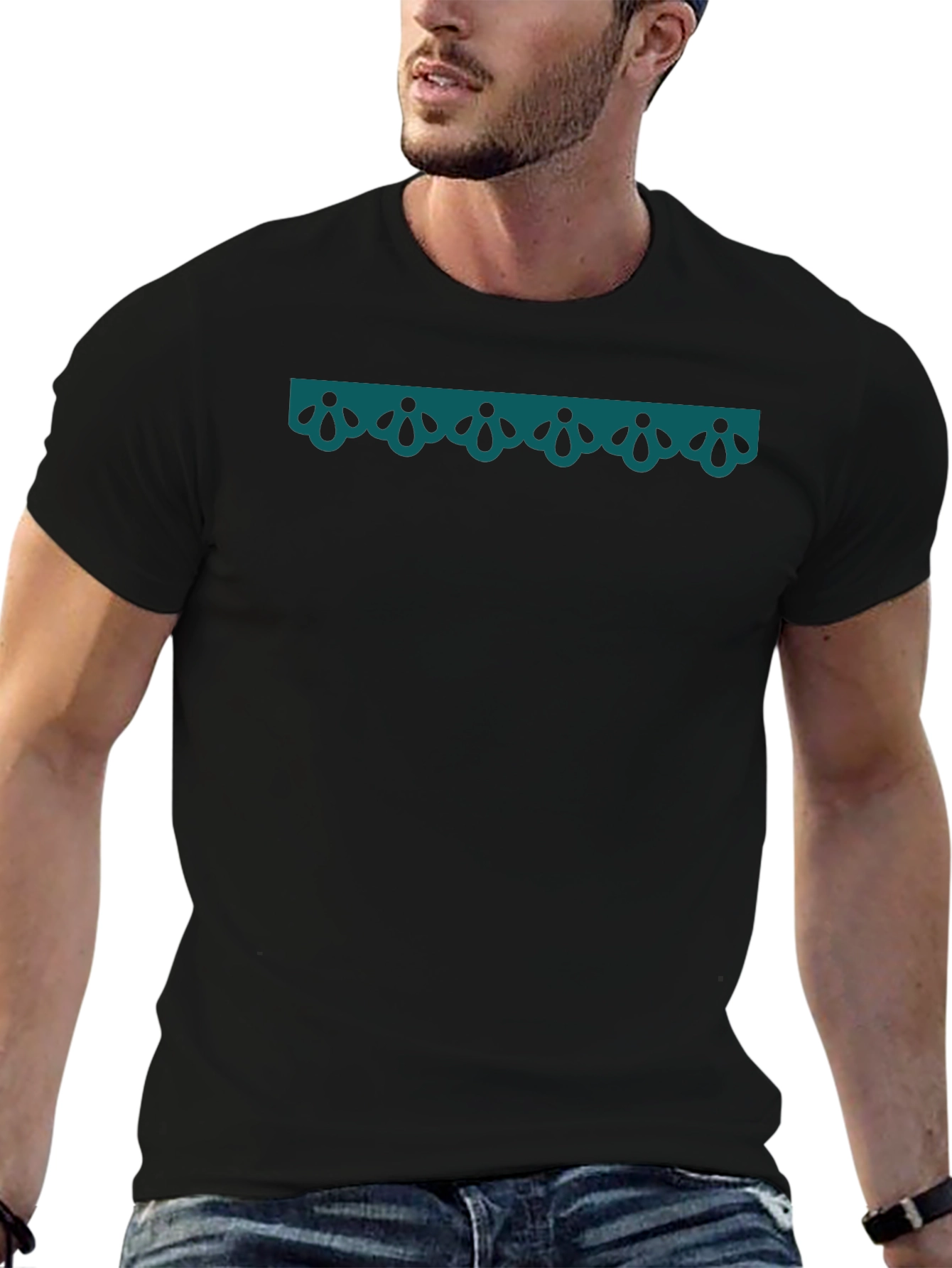 Stylish Black T-Shirt with Teal Ornamental Detail