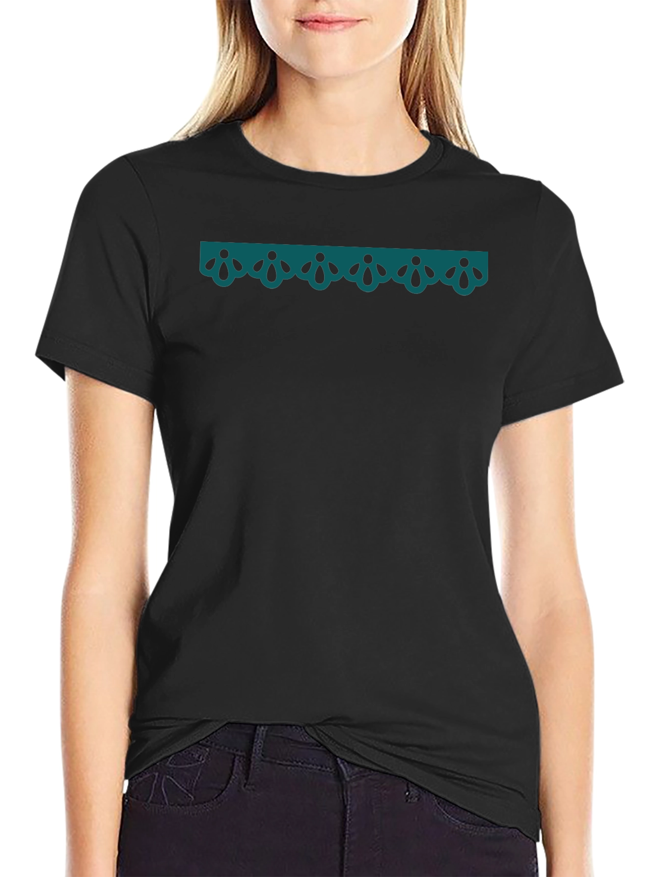 Stylish Black T-Shirt with Teal Ornamental Detail