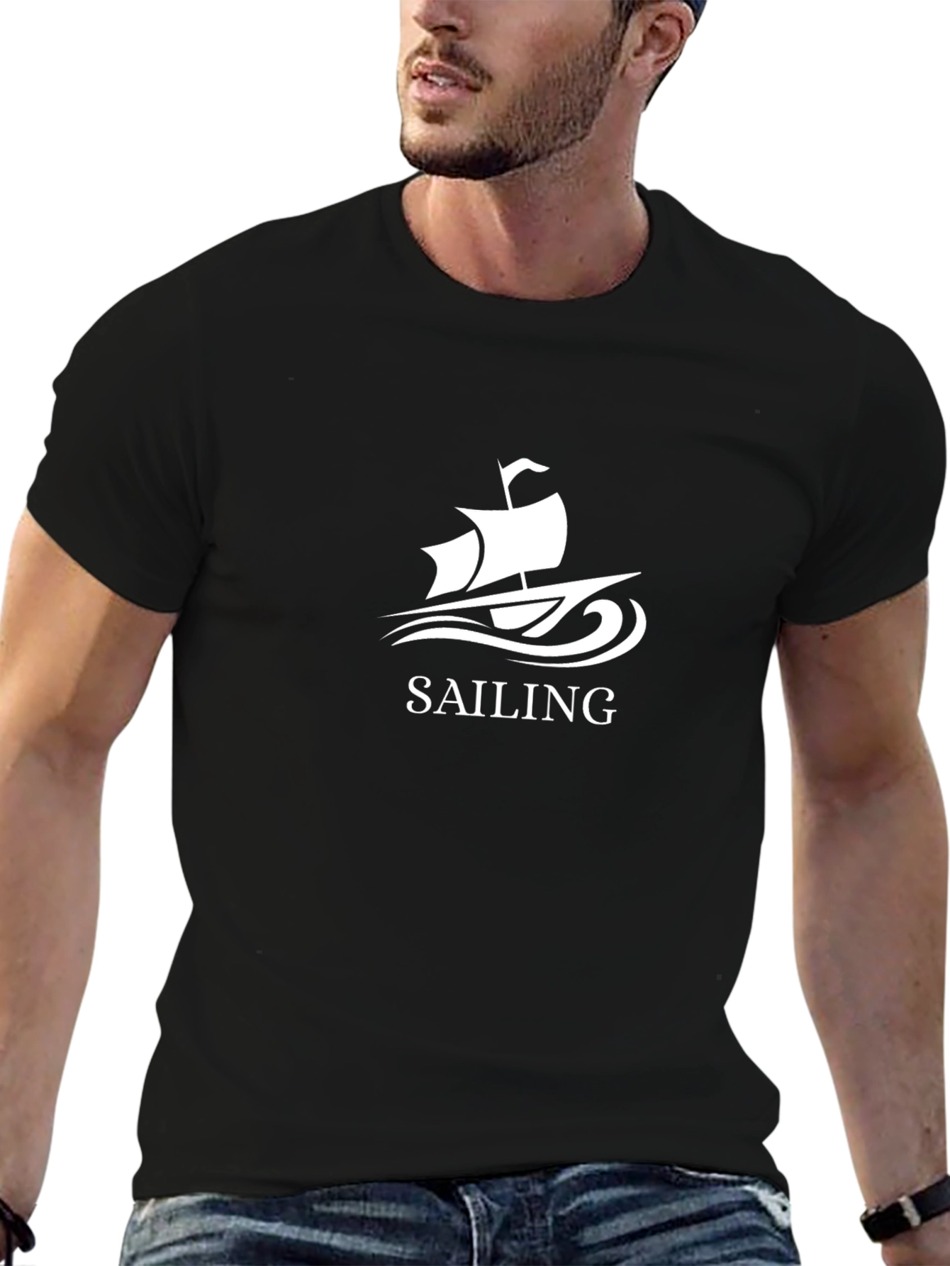 Sailing T-Shirt - Black Cotton Tee with Boat Graphic