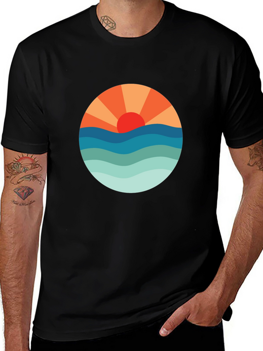 Sunset Waves Graphic Tee - Black Cotton Blend