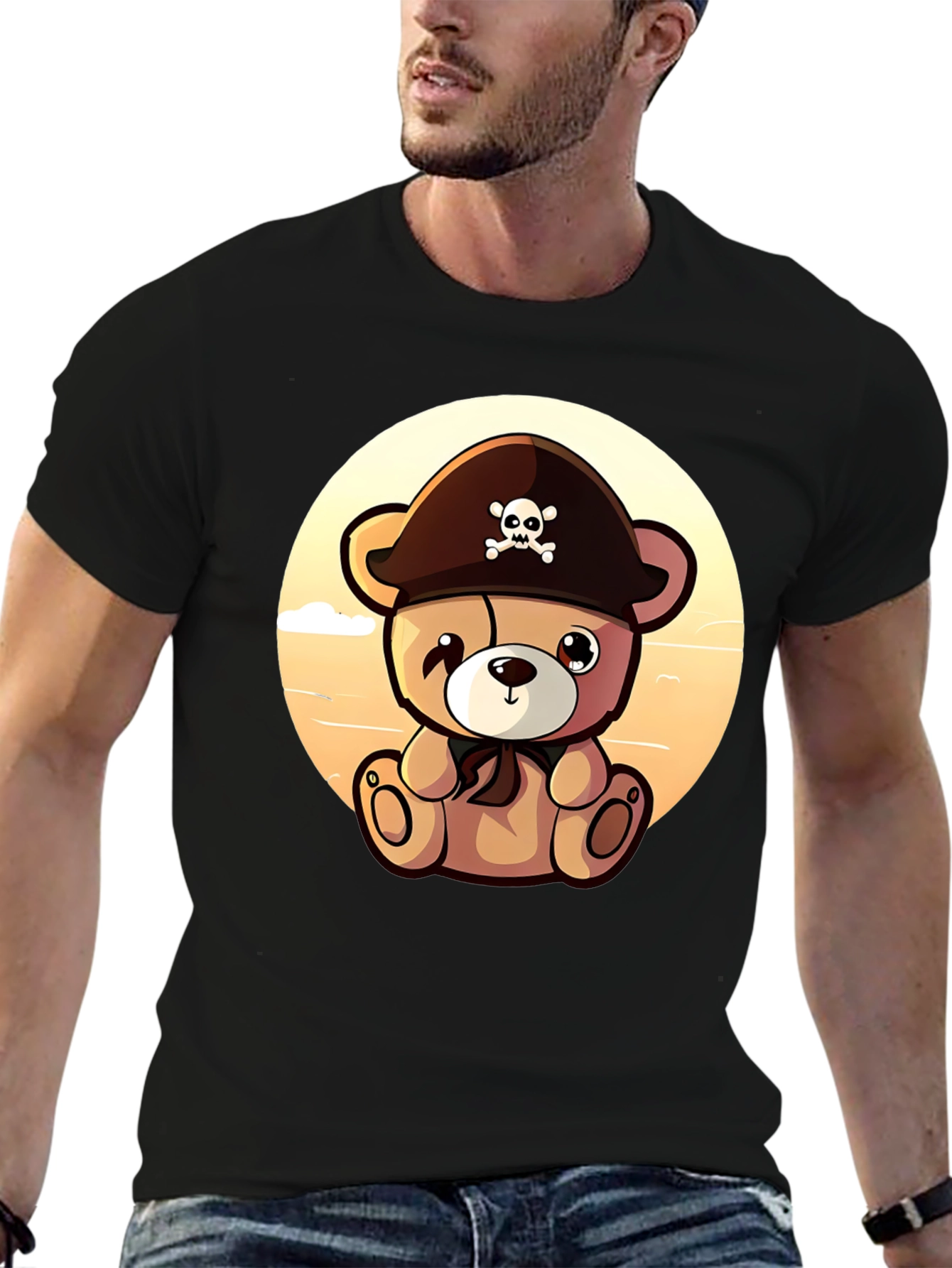 Pirate Teddy Bear Graphic Black T-Shirt