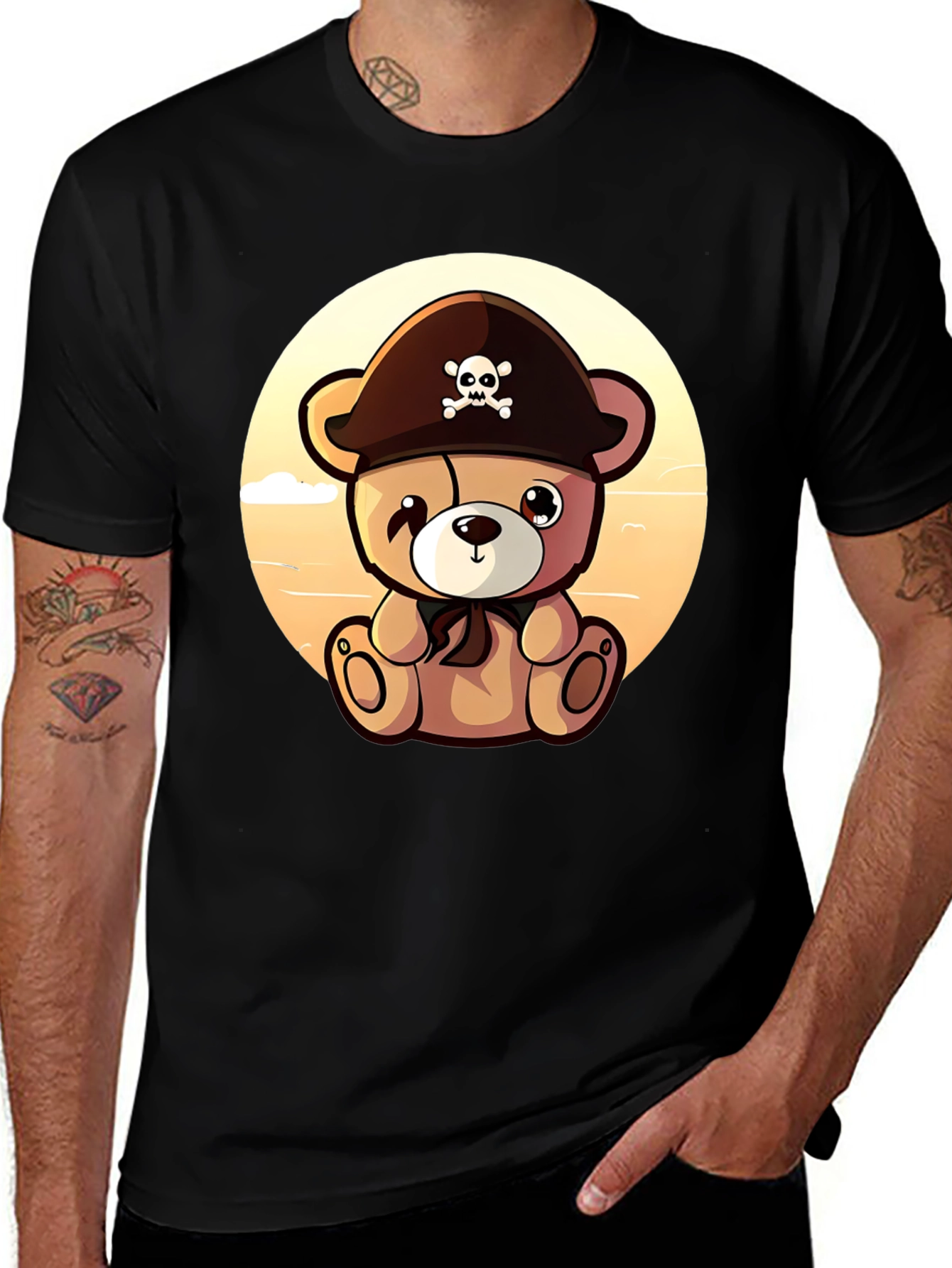 Pirate Teddy Bear Graphic Black T-Shirt