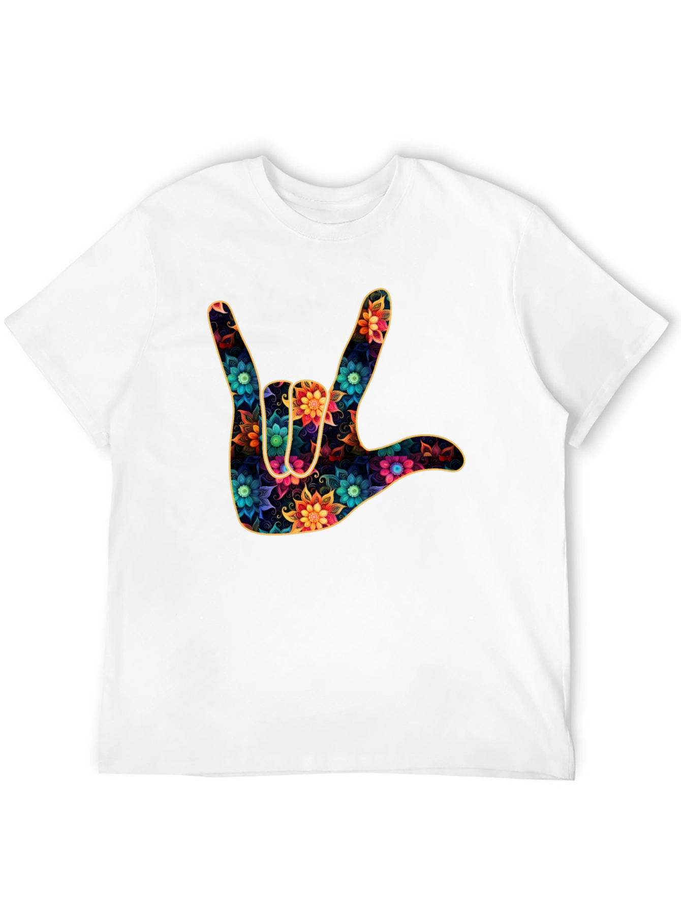 Floral I Love You Hand Sign Black T-Shirt