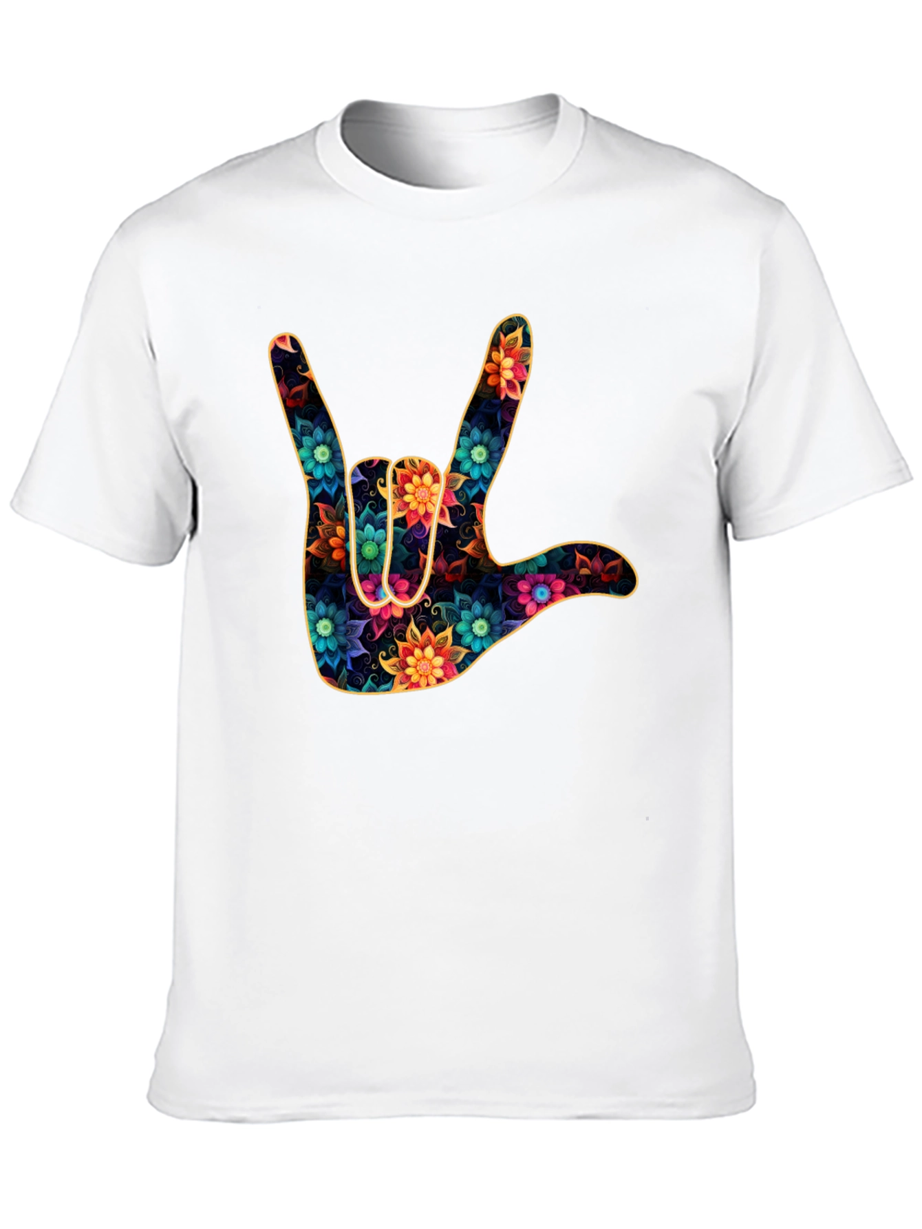 Floral I Love You Hand Sign Black T-Shirt