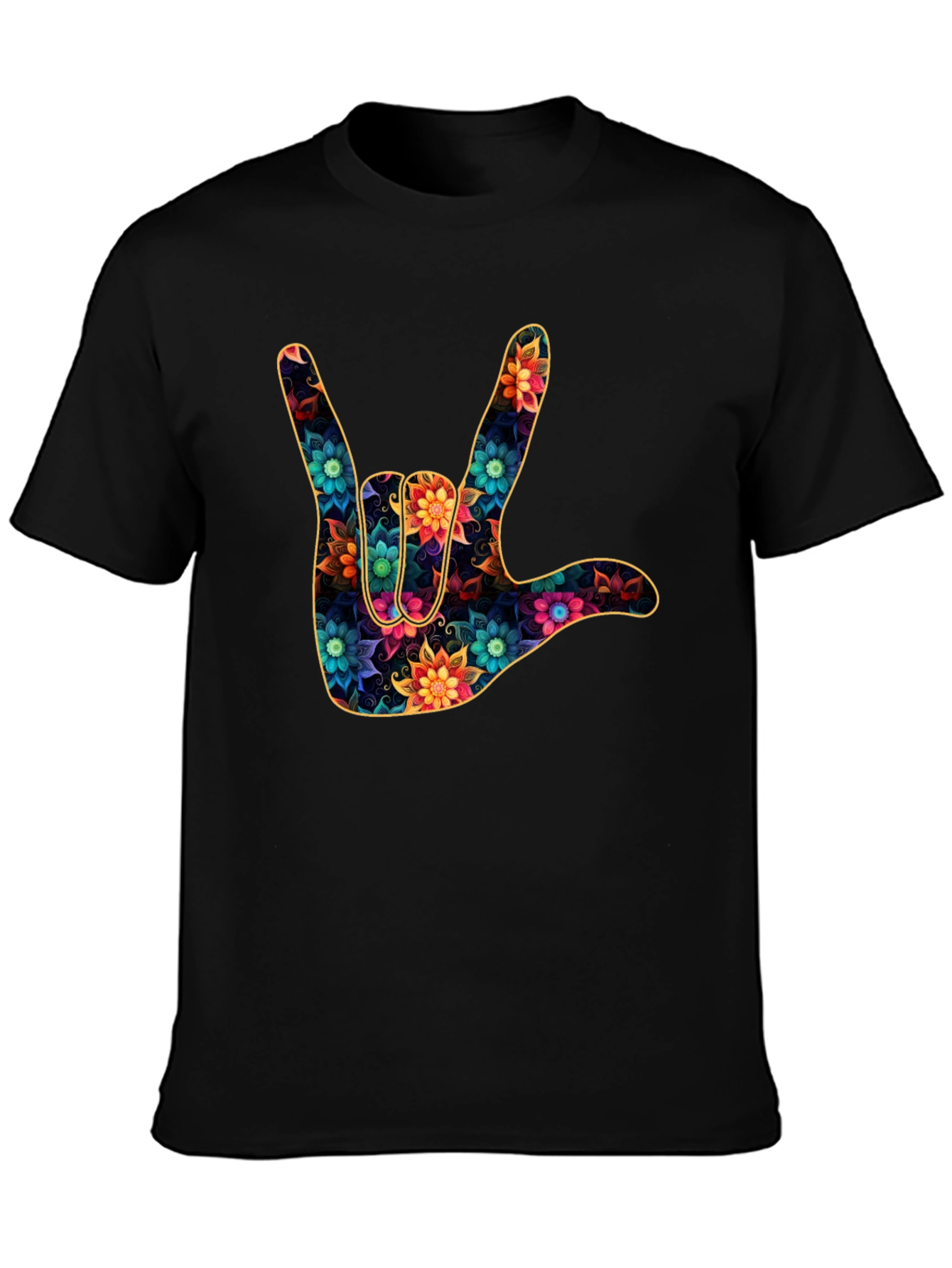 Floral I Love You Hand Sign Black T-Shirt