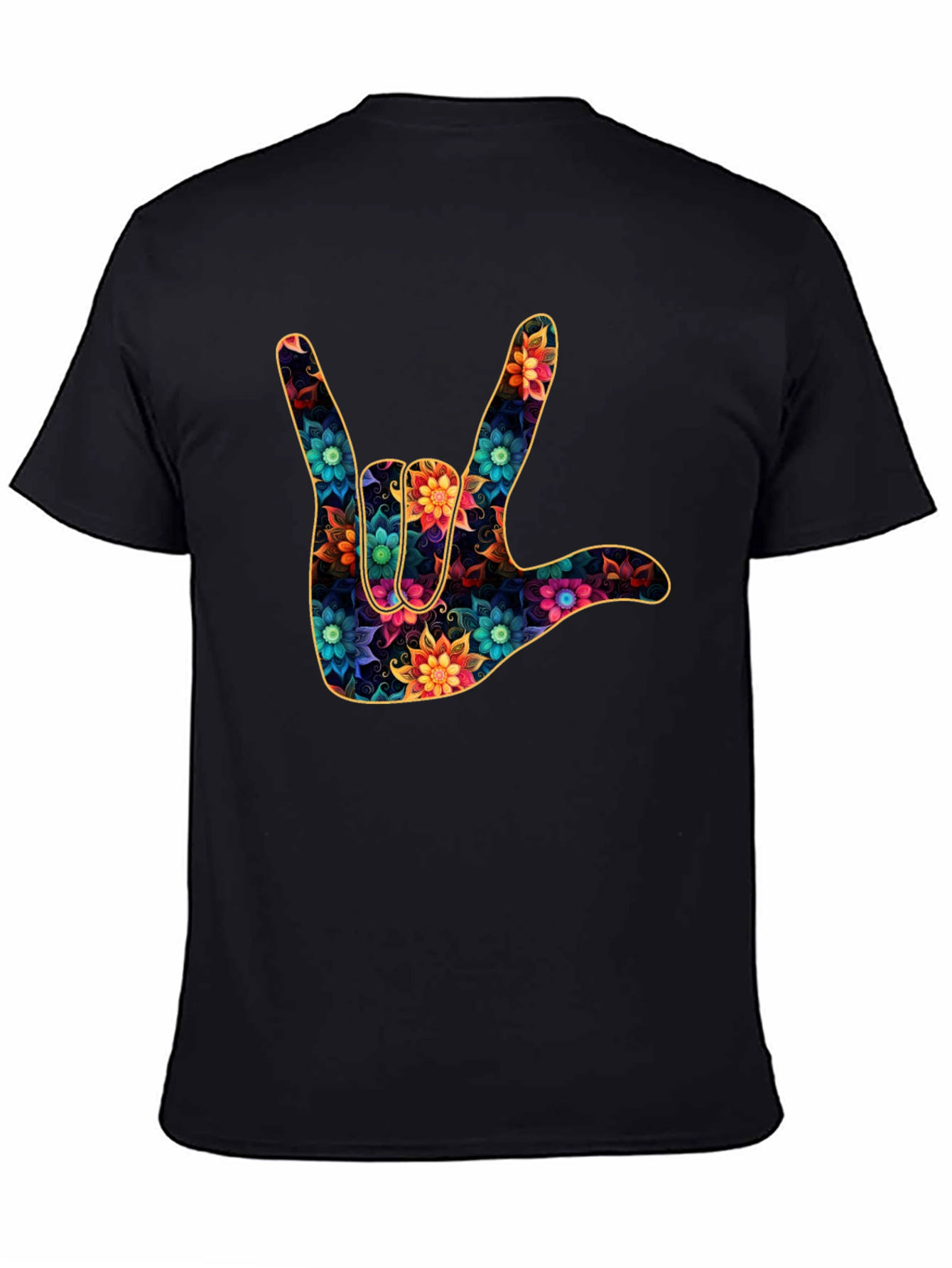 Floral I Love You Hand Sign Black T-Shirt