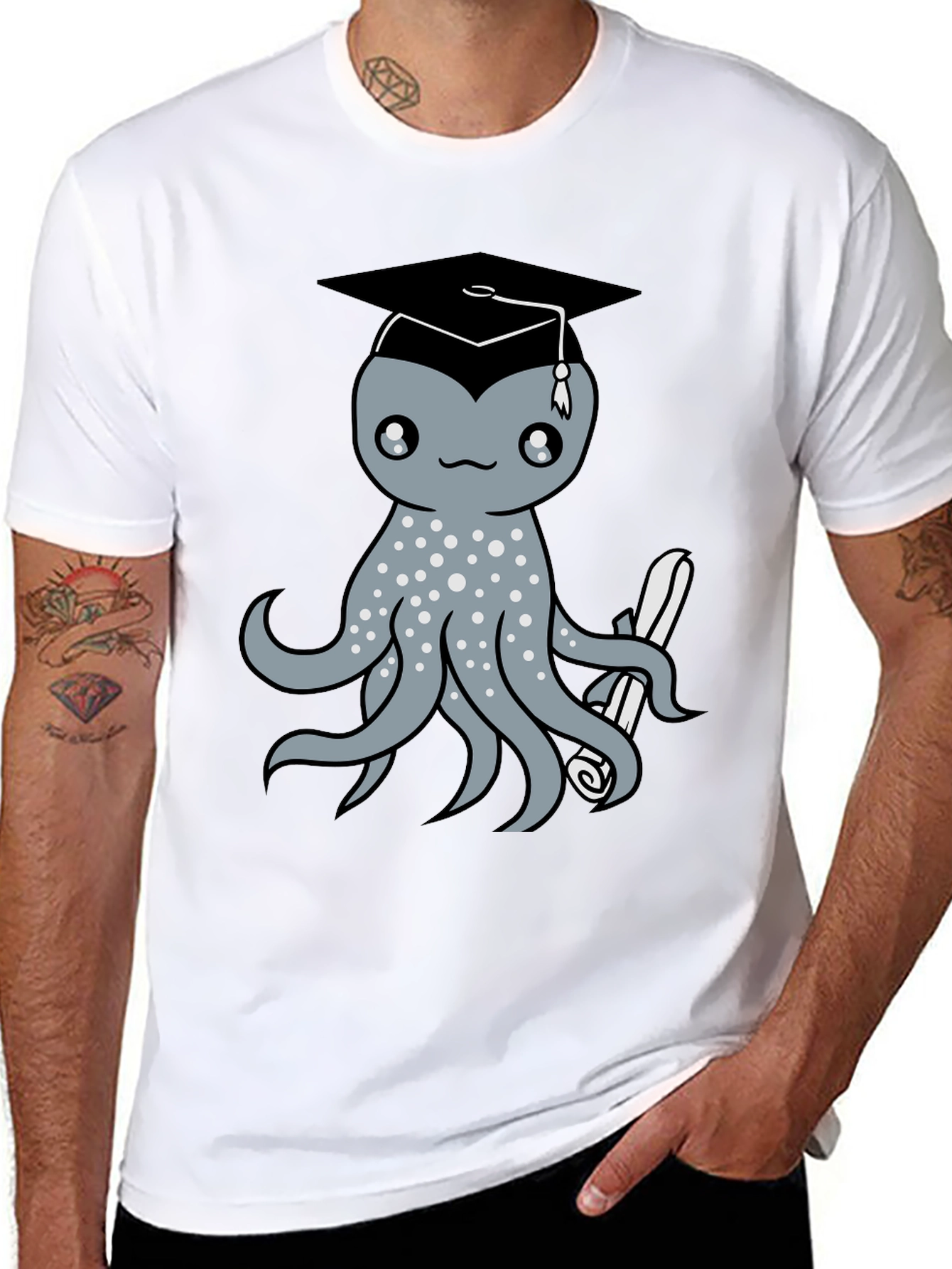Graduation Octopus Graphic Tee - Black Cotton