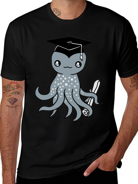 Graduation Octopus Graphic Tee - Black Cotton