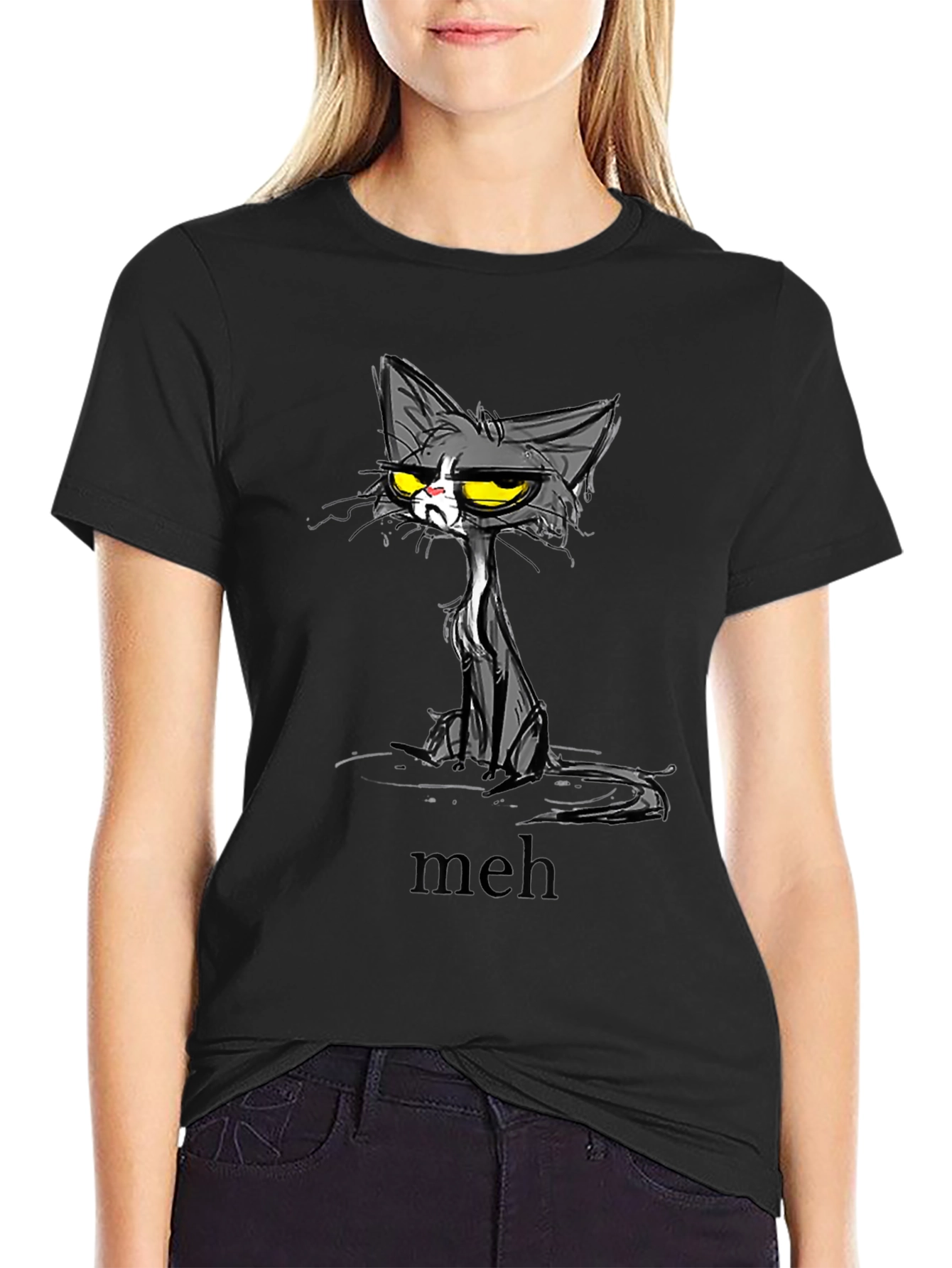 Meh Cat Graphic T-Shirt - Unisex Black Tee