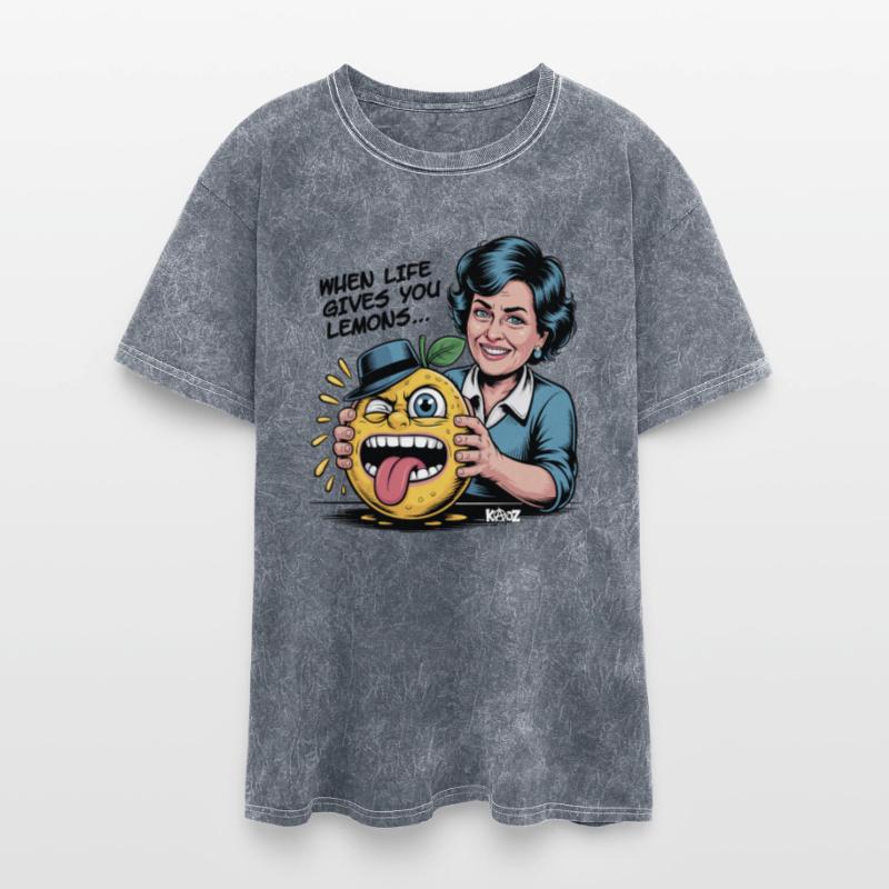 Smiling woman holding sour lemon cartoon face