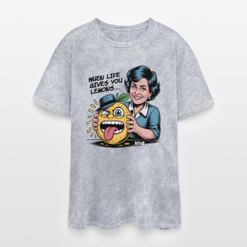 Smiling woman holding sour lemon cartoon face