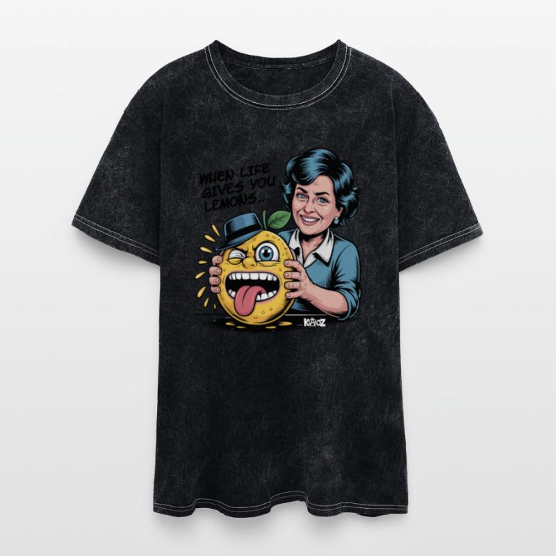 Smiling woman holding sour lemon cartoon face