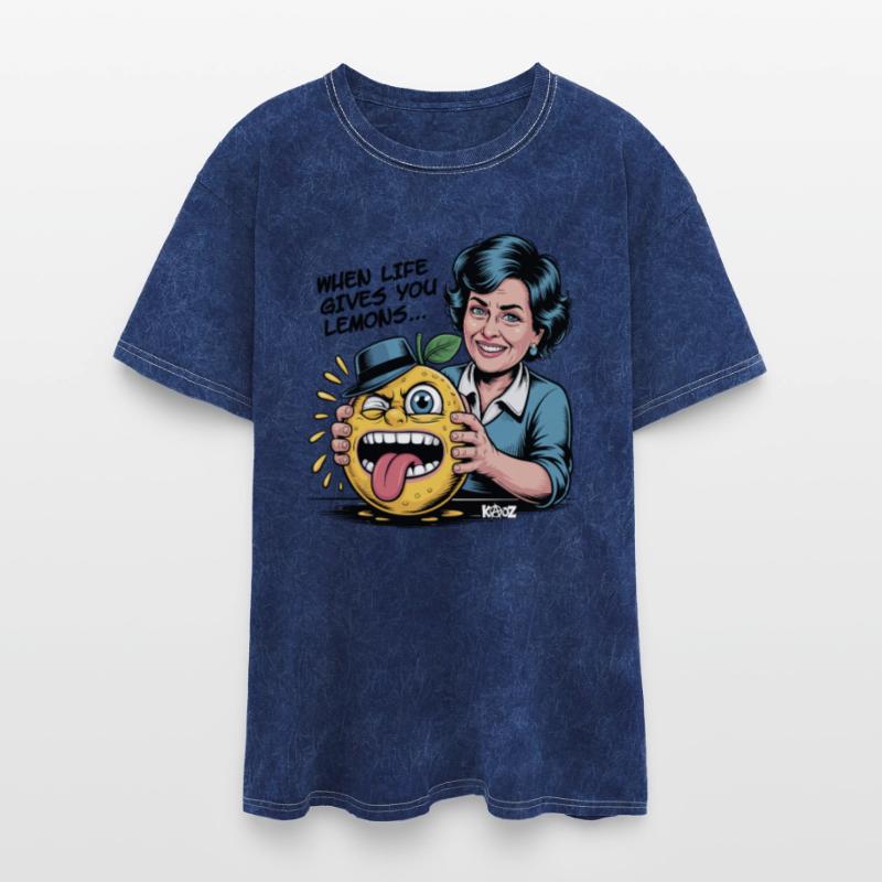 Smiling woman holding sour lemon cartoon face