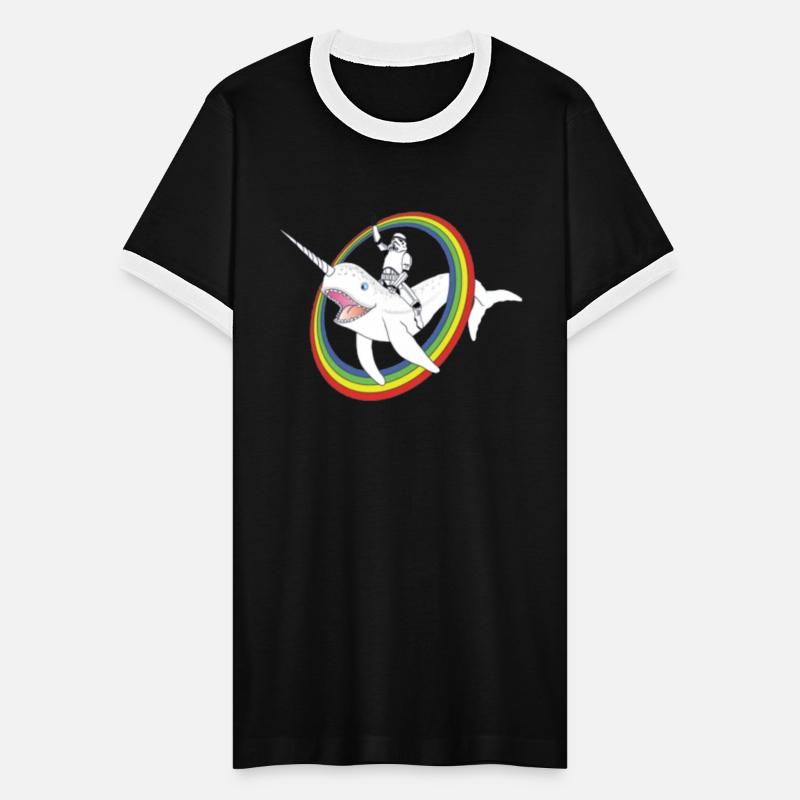 Spaceman riding narwhal through rainbow