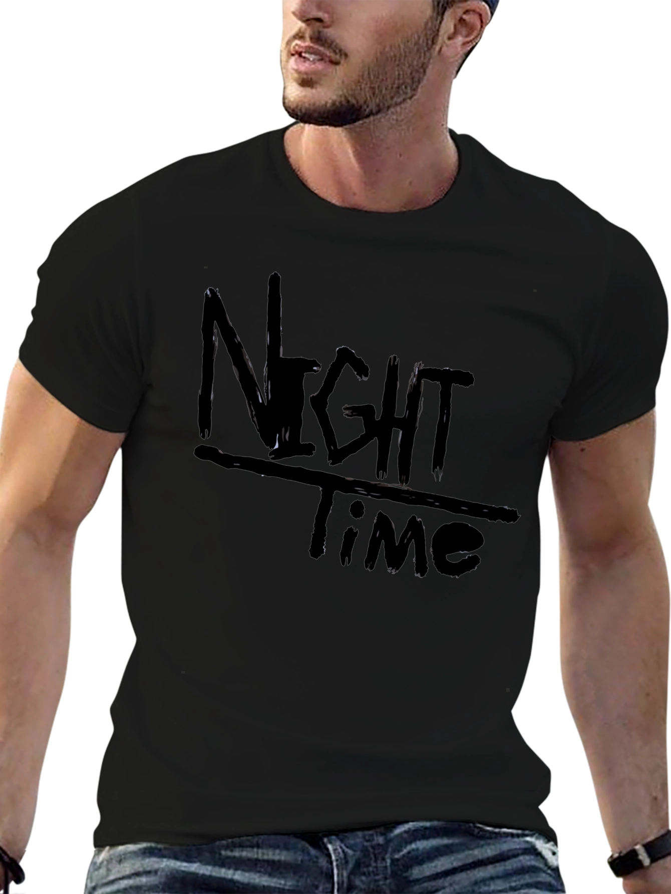 Night Time Black Graphic Tee Casual Comfort Style