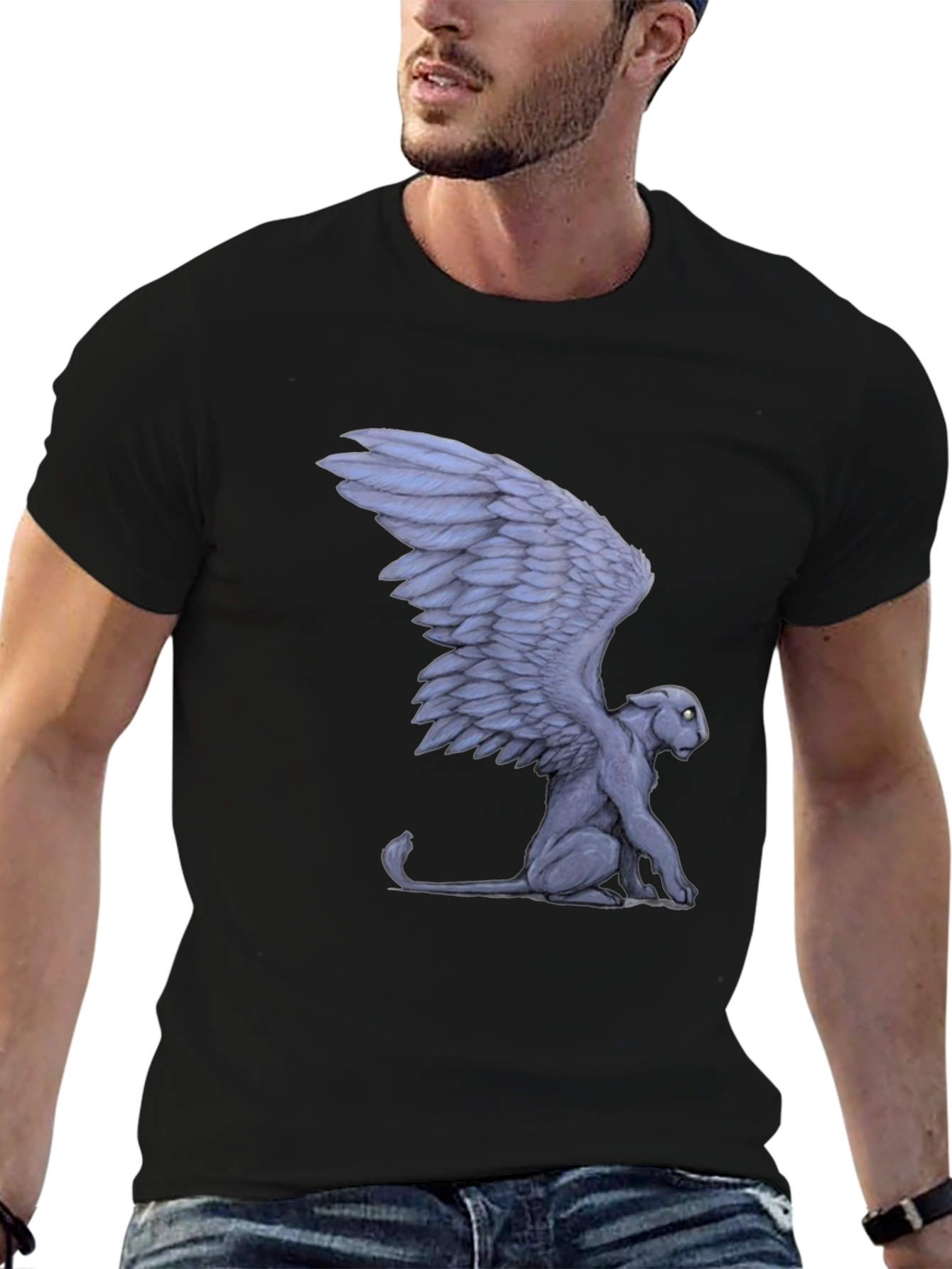 Winged Cat Graphic Tee - Black Cotton T-Shirt