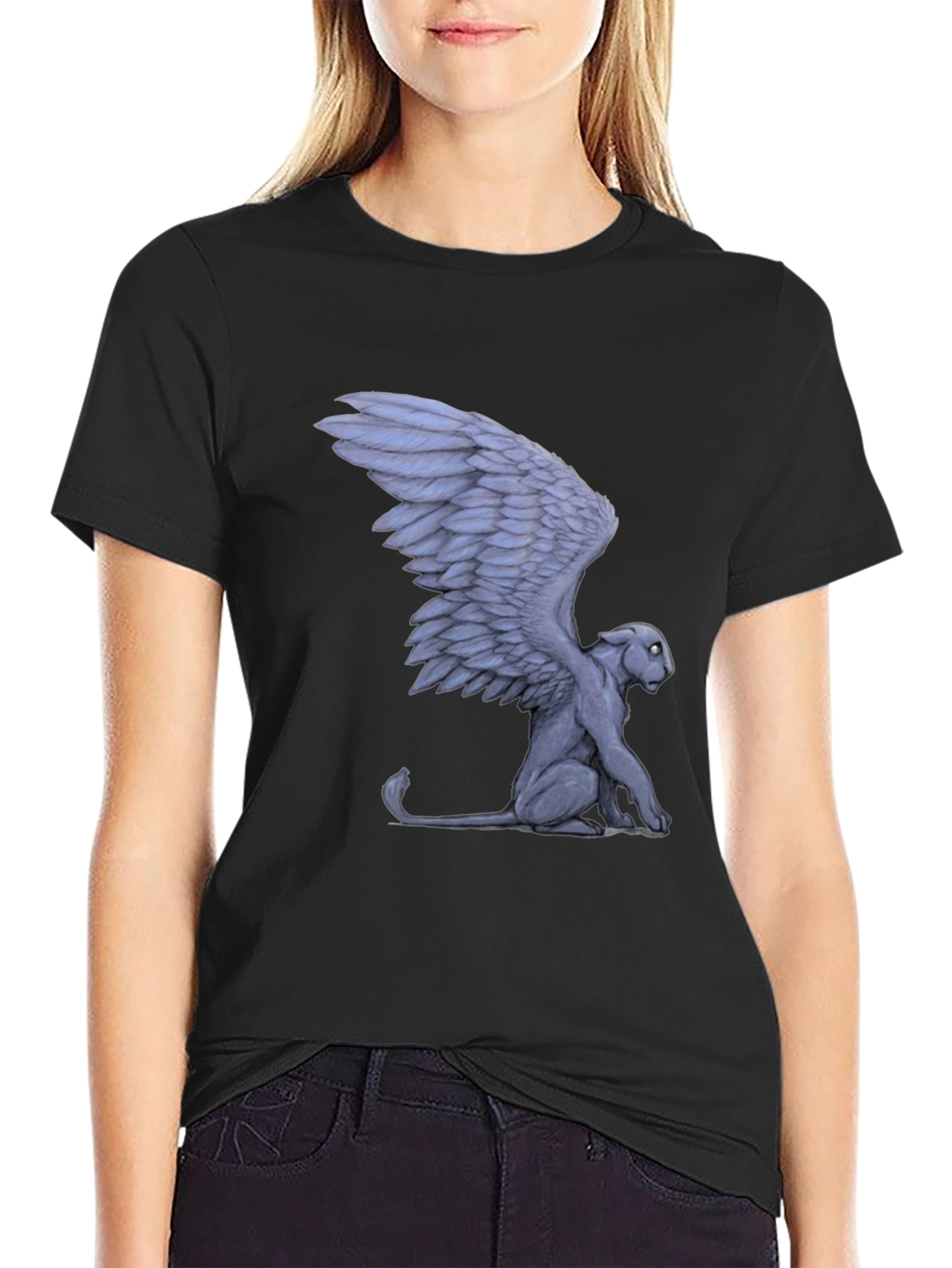 Winged Cat Graphic Tee - Black Cotton T-Shirt