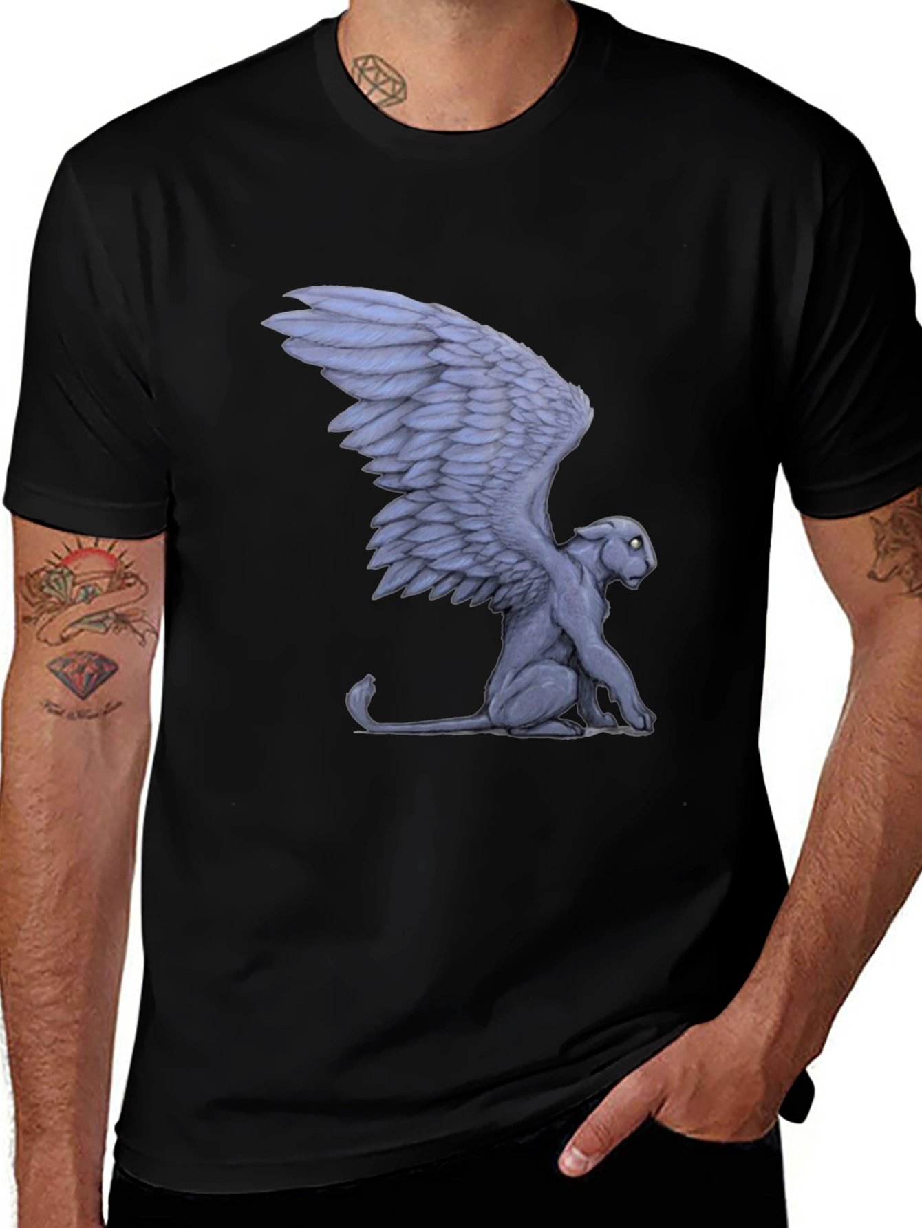 Winged Cat Graphic Tee - Black Cotton T-Shirt
