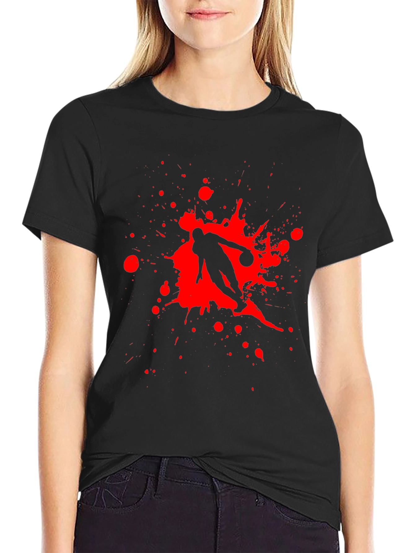 Black T-Shirt with Red Basketball Splatter Design