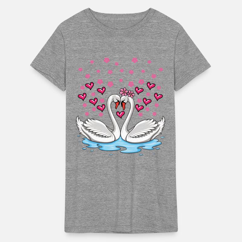 Swans in love accompanied by flowers and hearts