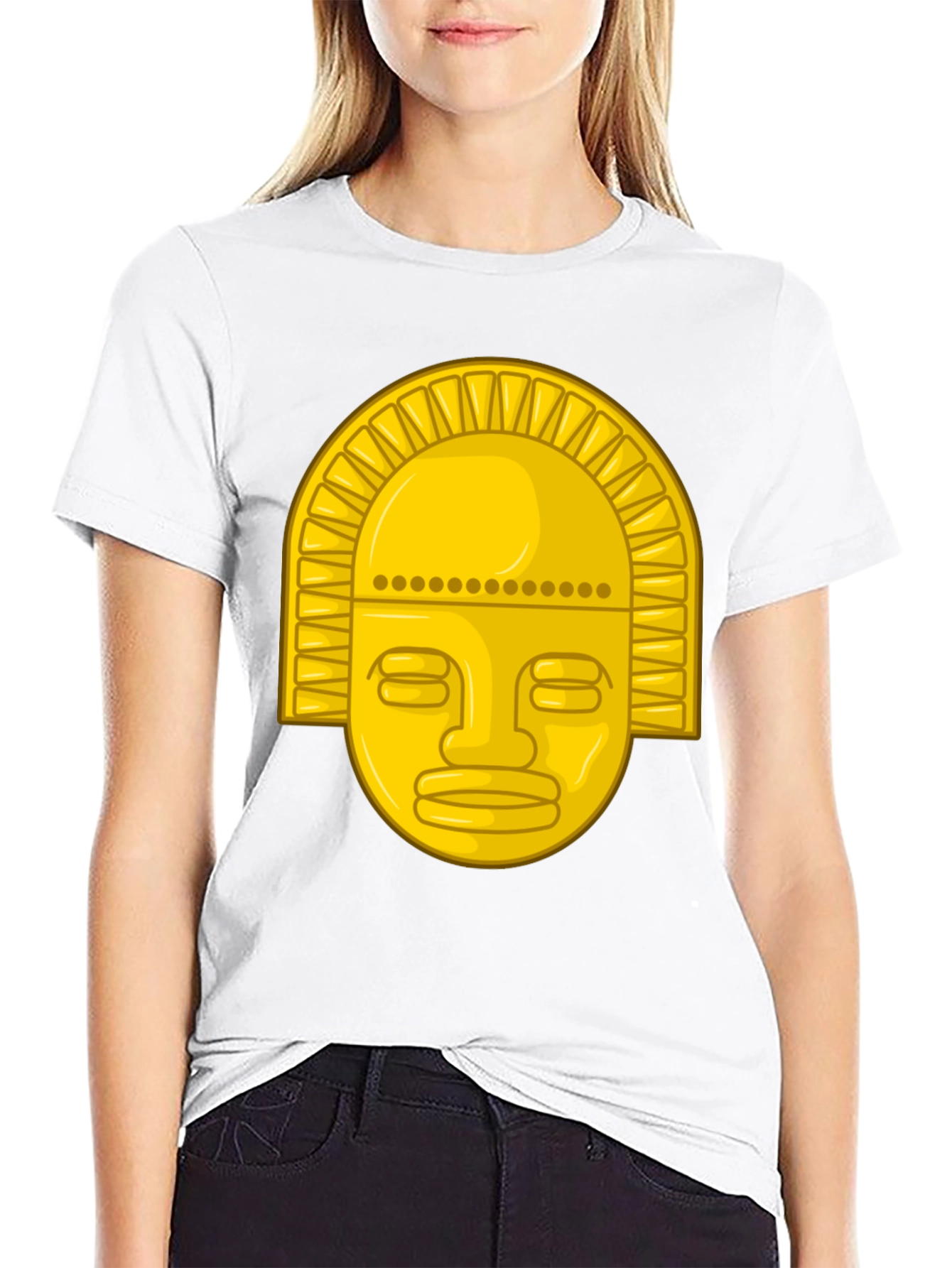 Golden Inca Mask Graphic Tee - Black Cotton T-Shirt