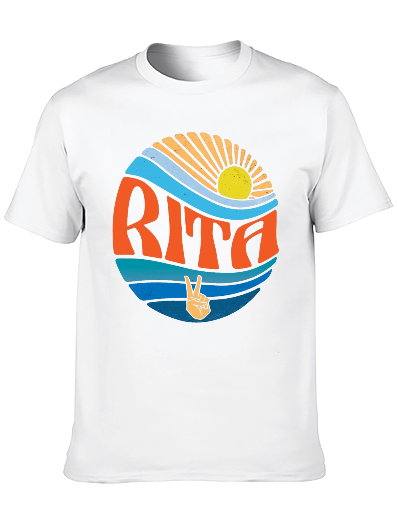 Rita Graphic T-Shirt: Retro Sun & Peace Sign Design