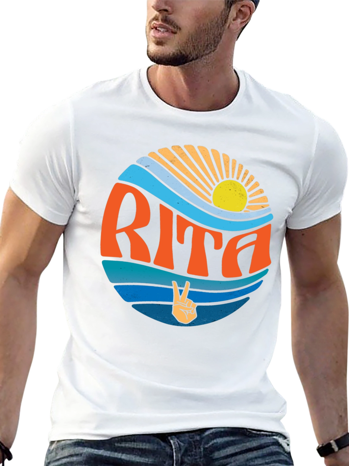Rita Graphic T-Shirt: Retro Sun & Peace Sign Design