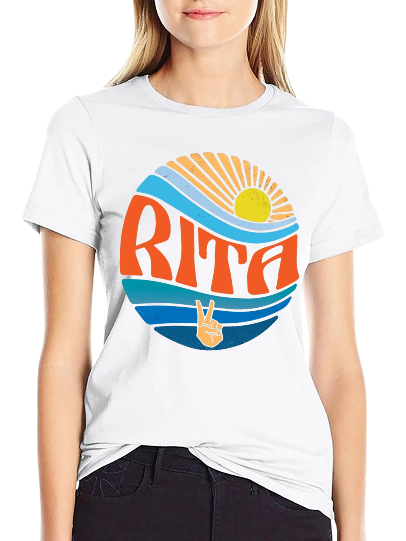 Rita Graphic T-Shirt: Retro Sun & Peace Sign Design