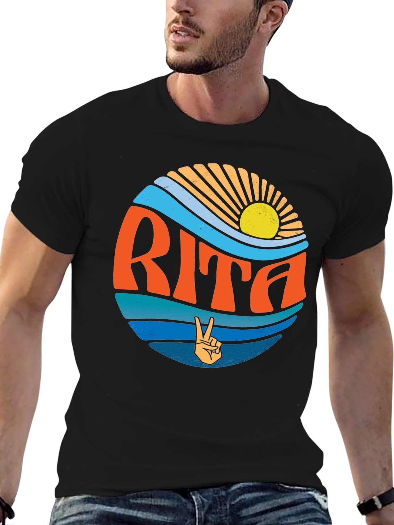 Rita Graphic T-Shirt: Retro Sun & Peace Sign Design