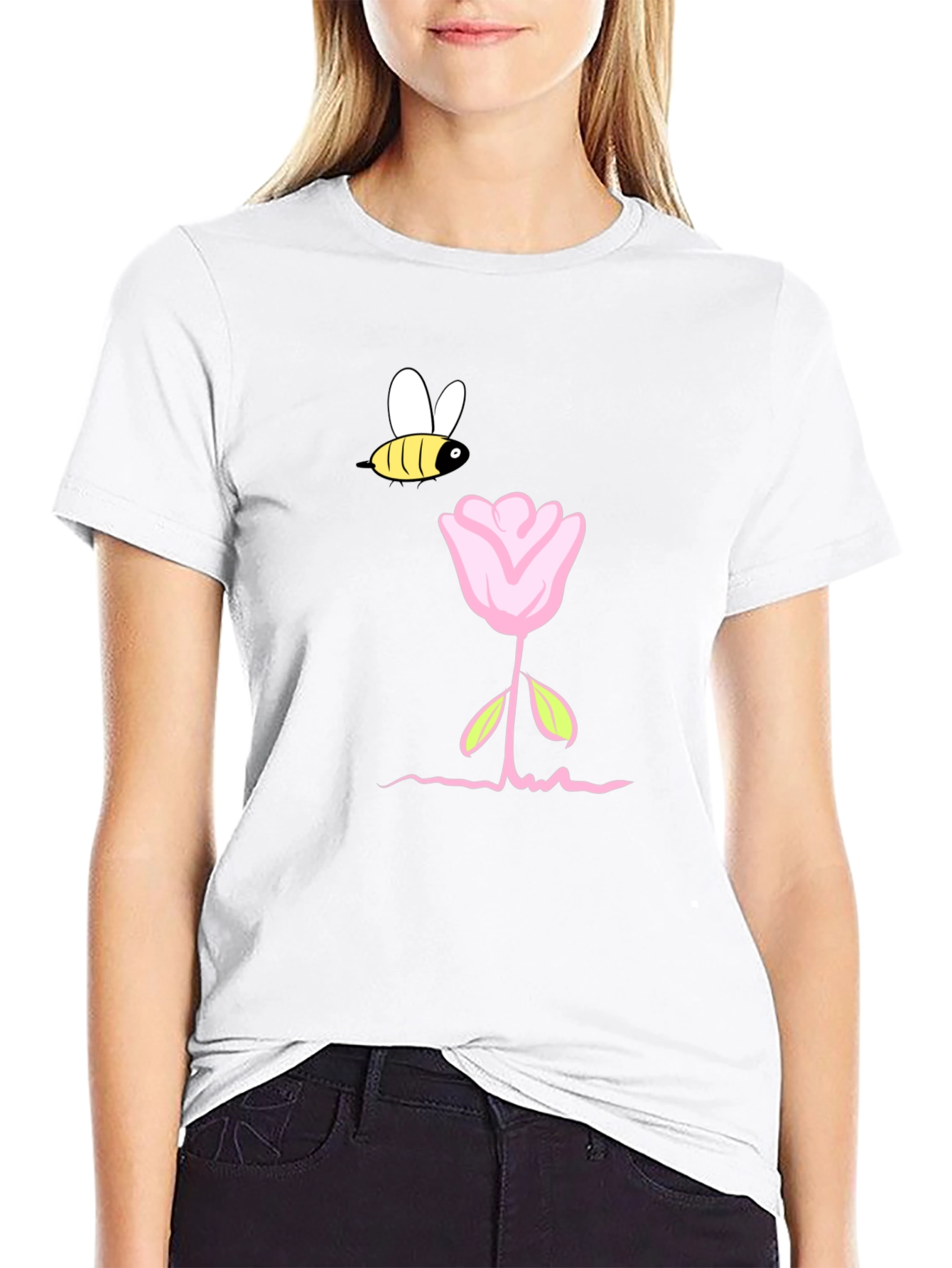 Bee and Flower Graphic T-Shirt - Black Casual Tee