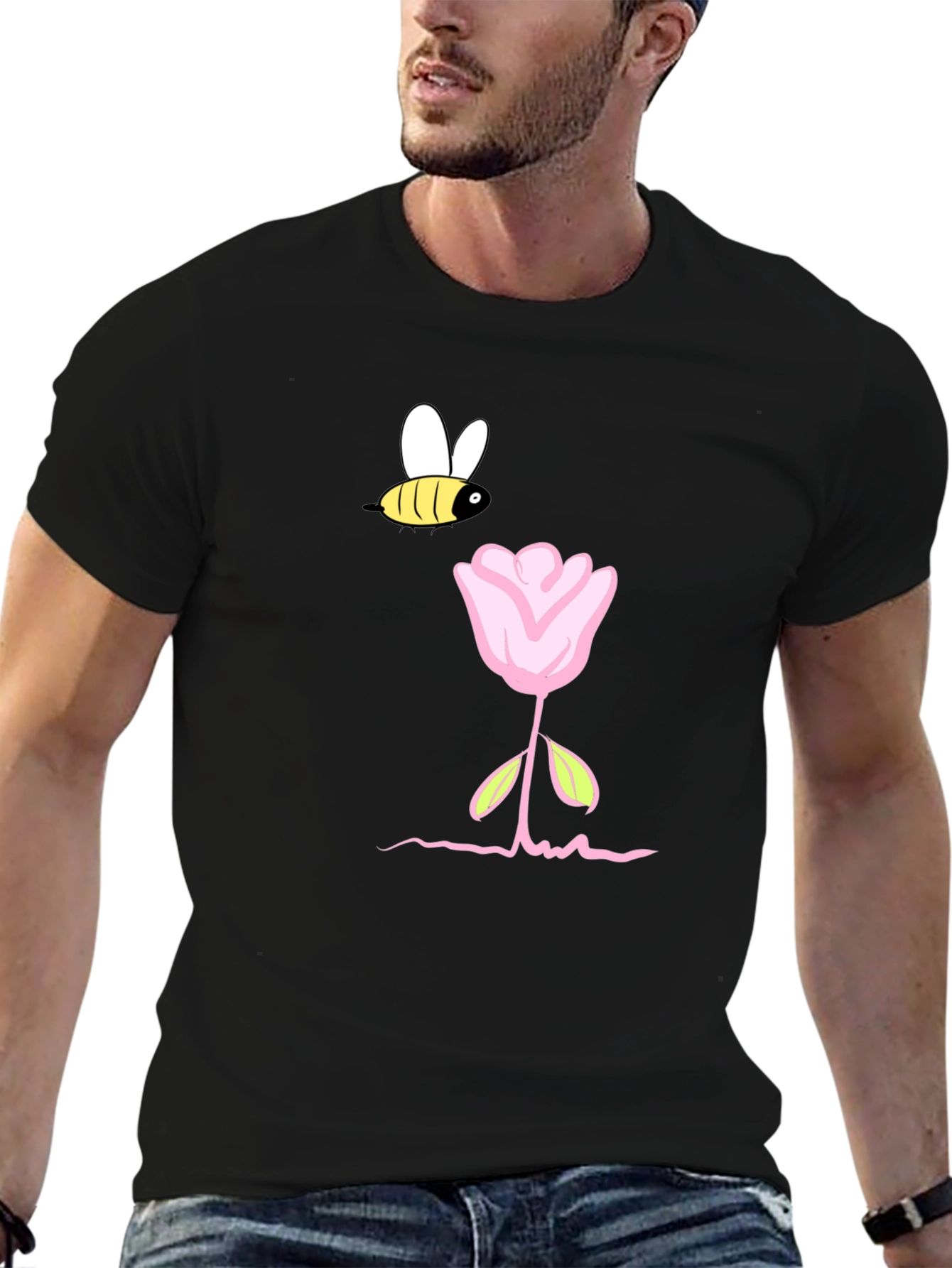 Bee and Flower Graphic T-Shirt - Black Casual Tee