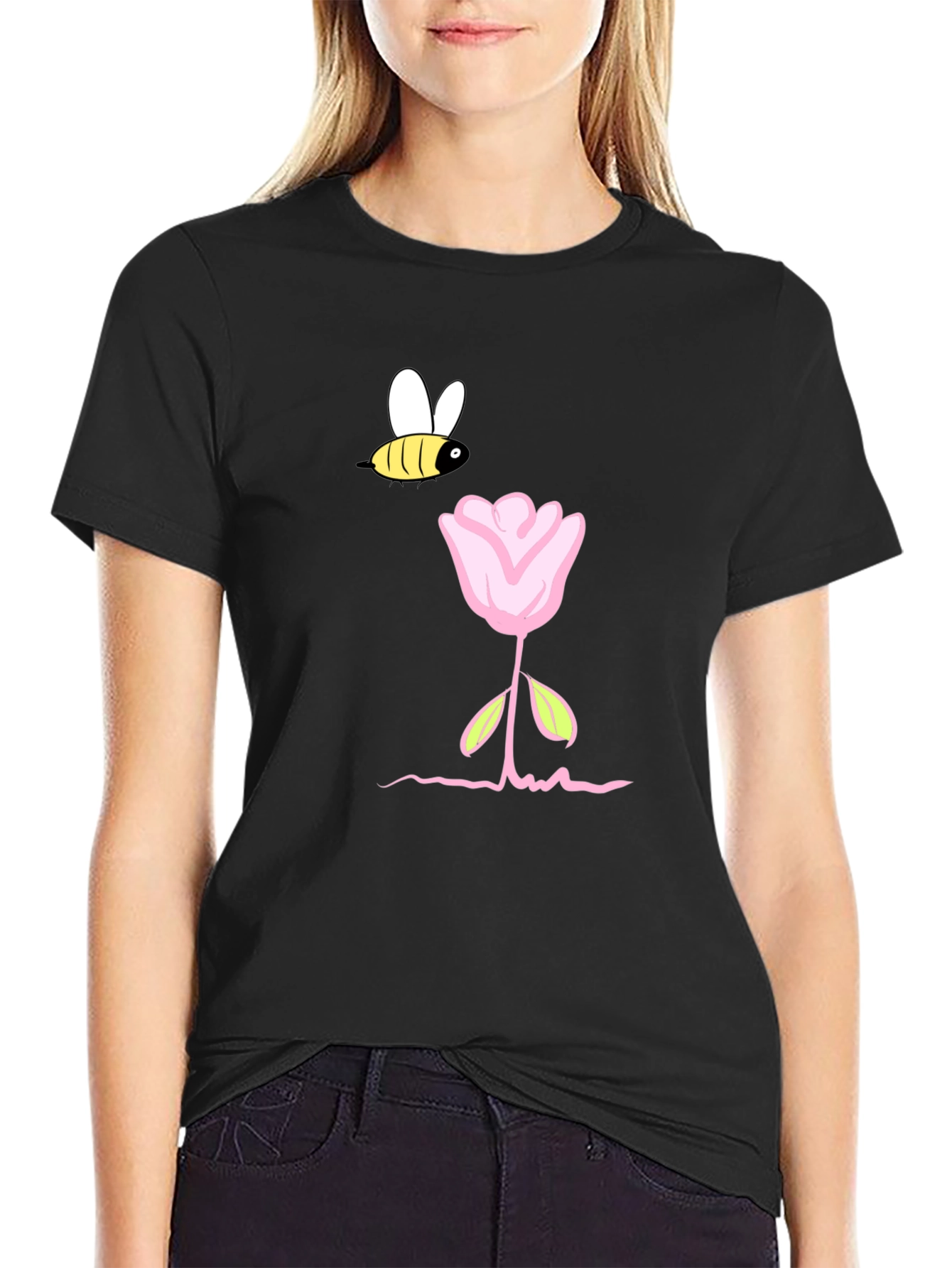 Bee and Flower Graphic T-Shirt - Black Casual Tee