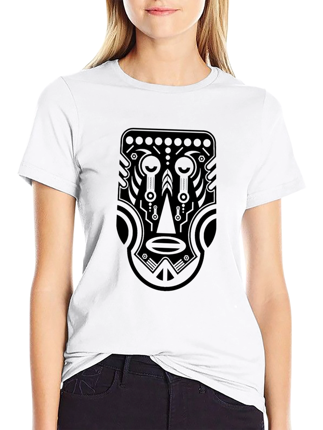 Tribal Mask Graphic Tee - Black Cotton T-Shirt