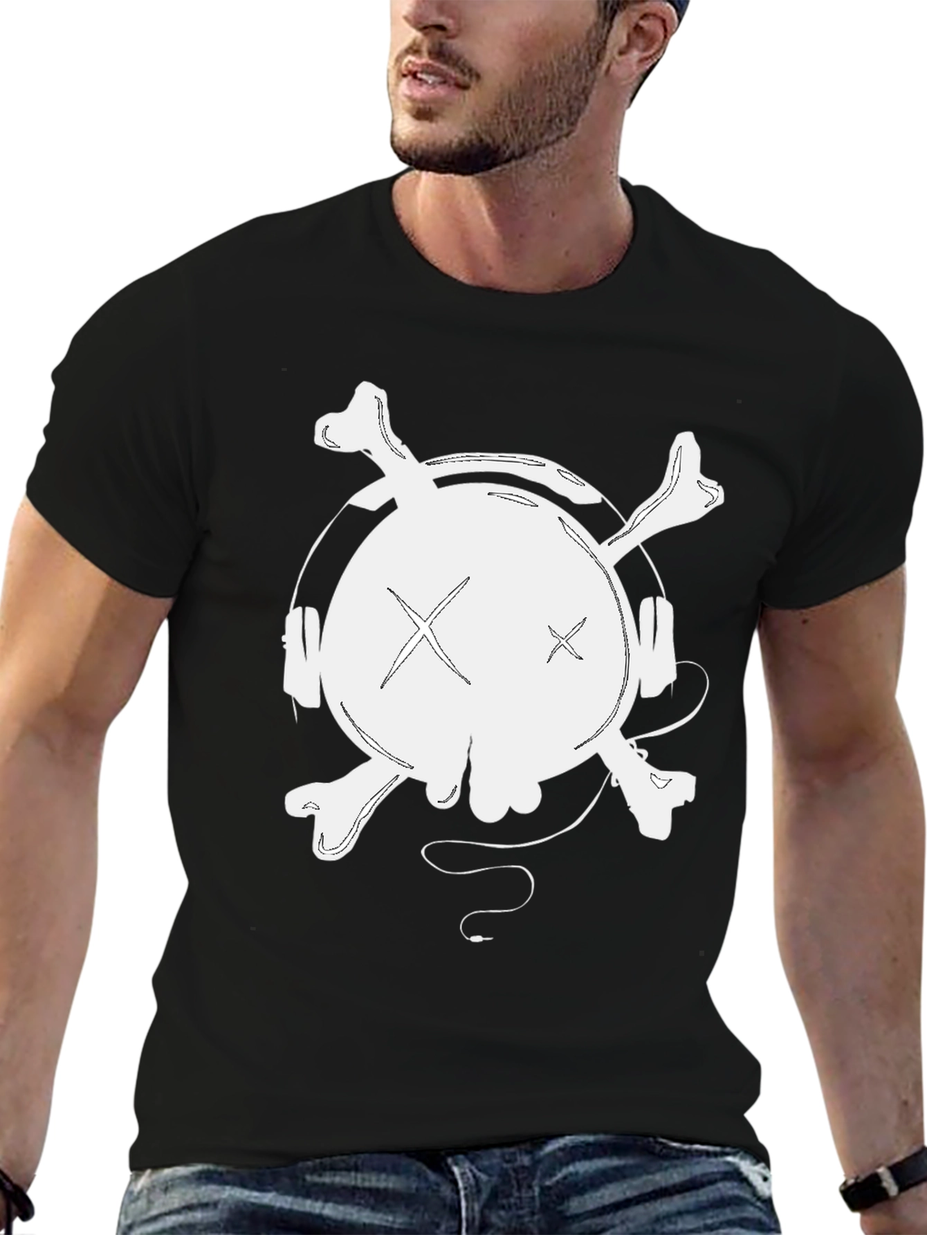 Skull & Crossbones Headphones Graphic Tee - Black